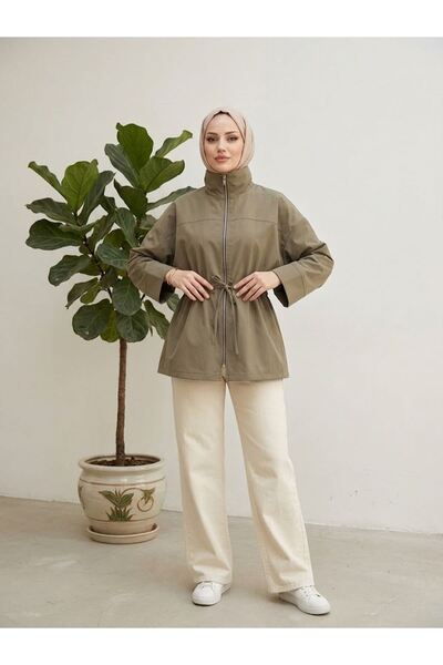Lunsera Store معطف ترنش إسلامي بحزام عند الخصر وسحاب أمامي - كاكي