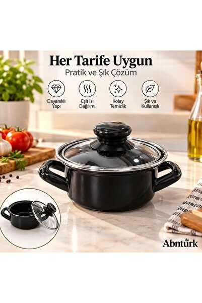 abnturk 14cm Çaplı Mini Siyah Emaye Tencere-Cam Kapaklı Şık ve Kullanışlı Ten...