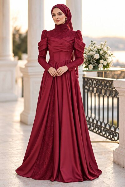 N.S NEVA STYLE Dantel ve Drapeli Bordo Tesettür Abiye Elbise 260BR
