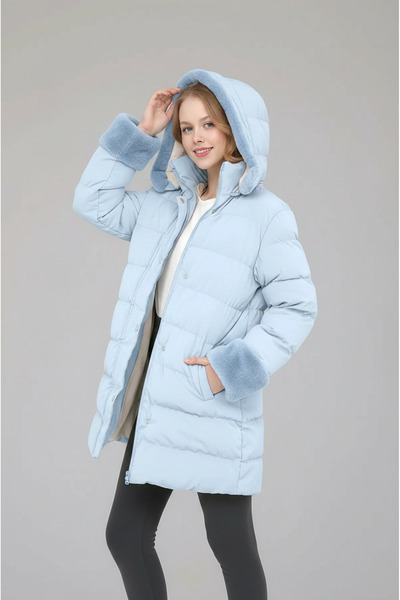 Naffy Girl's Fur Detailed Long Slim Fit Casual Winter Lined Thick Coat