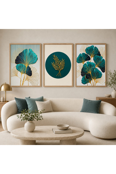 RDEKOR Turkuaz Ginkgo Yaprak Gold 3 Parça Çerçeveli Dekoratif Duvar Tablosu -...