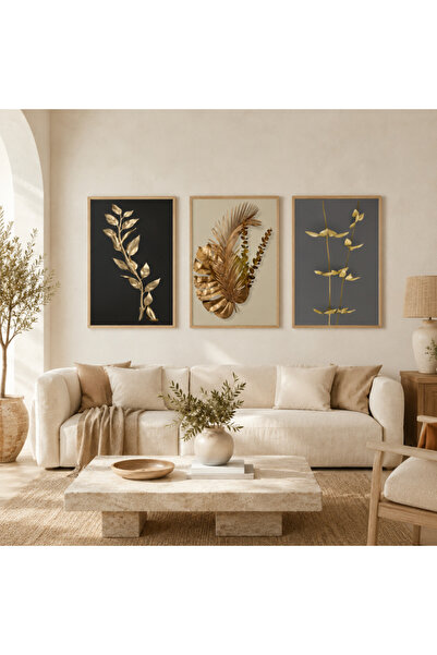 RDEKOR Tablou decorativ modern cu frunze botanice aurii, înrămat, în 3 piese ...