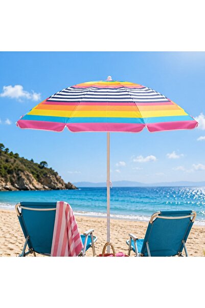OEM Fuchsia Beach Umbrella with Striped & Metal Frame Ø1.80m