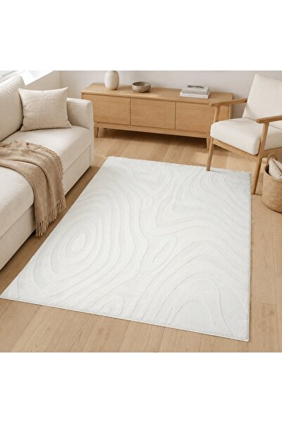 OEM Covor Decorativ Off White din Blana cu Linii in Relief 150x100cm