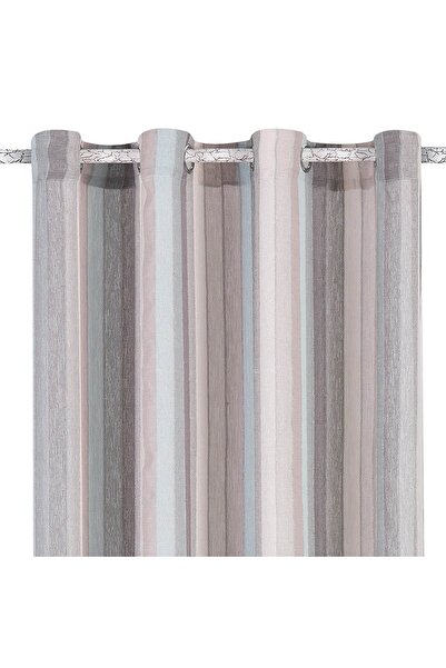 OEM Perdea Decorativa din In Dungi Maro Turcoaz cu Inele 140x260cm