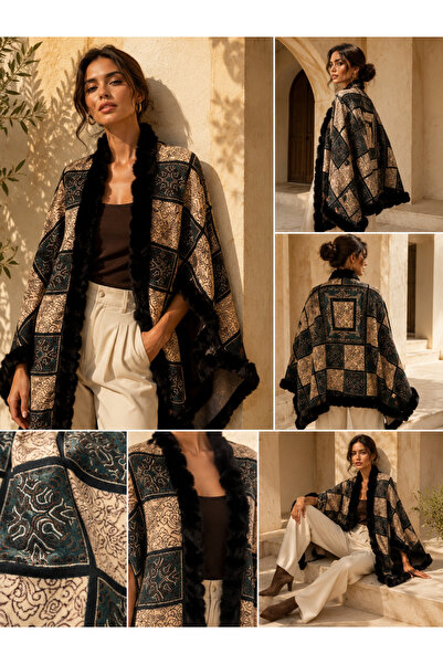 Luminos Butik Kadın Siyah-Camel Kare Blok Desenli Dokuma Panço PNC15