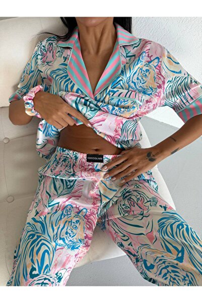 Pijamaya Premium Saten Kumaş Düğmeli Kısa Kollu Uzun Pijama Takımı - Bandaj v...