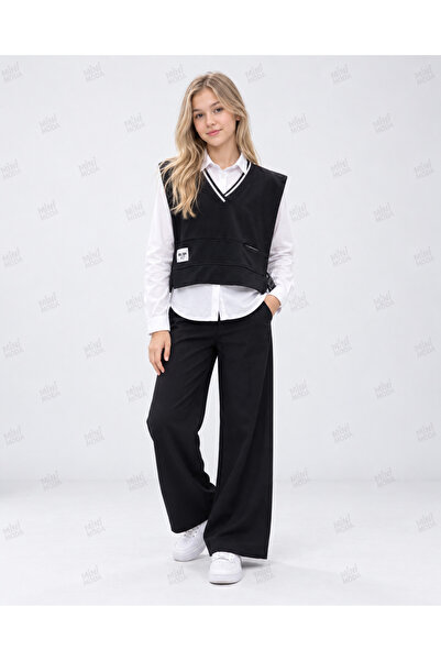Minimoda Kids Siyah Çizgili V Yaka Asimetrik Kız Çocuk Süveter