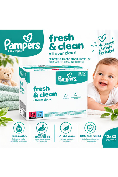 Pampers Șervețele Umede Fresh & Clean – Mega Box (12 pachete x 80 bucăți, 960...