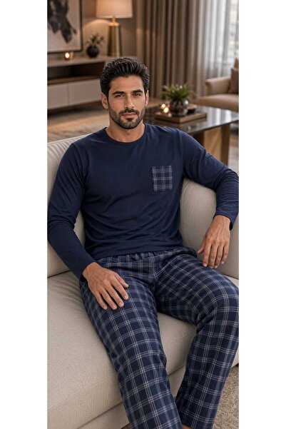 PİJART Navy Blue Plaid Long Sleeve Cotton Men's Pajama Set
