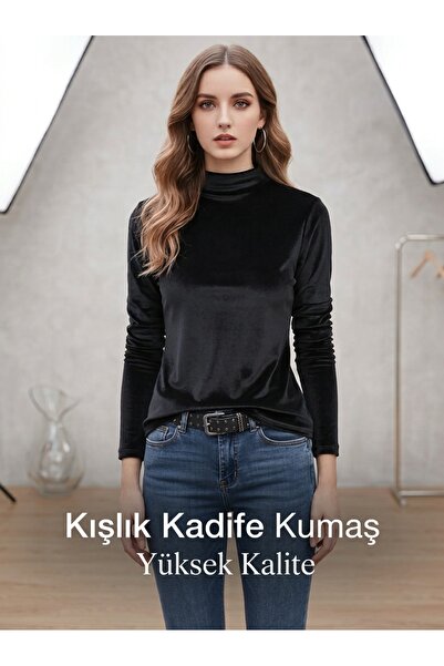 ŞİNDO GİYİM Balıkçı Yaka Uzun Kollu Kadife Bluz