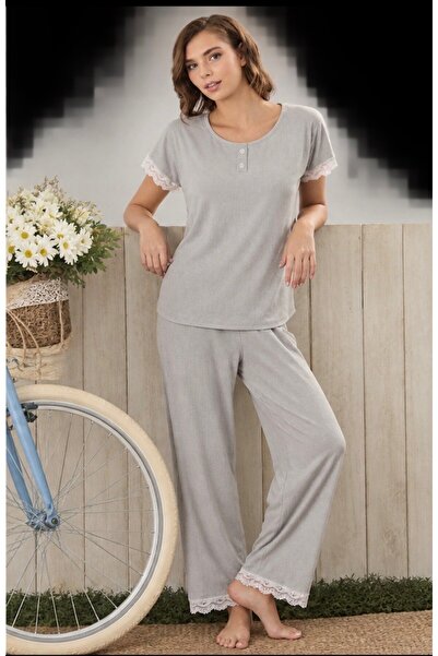 gri fırfırlı kısa kol pijama takımı