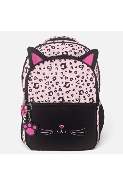 OEM Primary School Backpack Black & Pink with Leopard Kitten & Keychain 30x16...