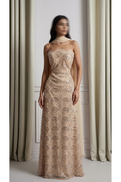 kadina Luxury Pearl Beaded Sequined Evening Dress with Chiffon Scarf Elegant ...