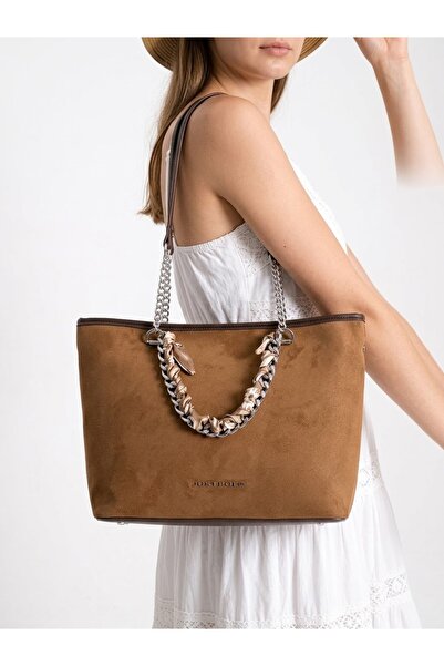 Just Polo Women's Suede Chain Detailed Stylish Daily Shoulder Bag 37X23 cm