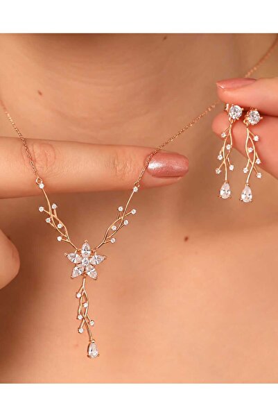 byess 925 Ayar Gümüş Sarmaşık Model Kolye Küpe Set