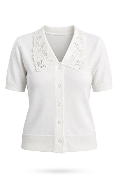 5in1Canpolat Ecru Sequined Collar Short Sleeve Knitwear Cardigan 140684