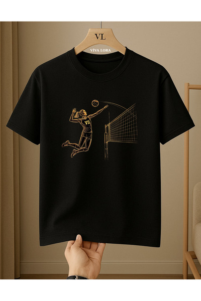VİVA LORA Volleyball Sport Printed 100% Cotton Crew Neck Regular Unisex T-Shirt