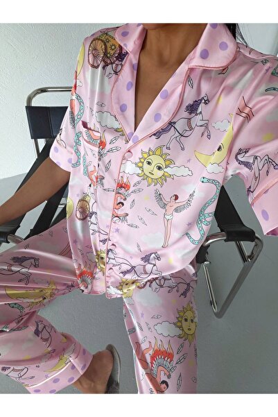 Pijamaya Premium Saten Kumaş Düğmeli Kısa Kollu Uzun Pijama Takımı - Bandaj v...