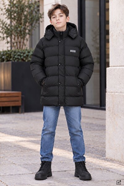 Cansın Mini Black Boy's Fur Lined Inflatable Coat with Removable Hood and Sna...
