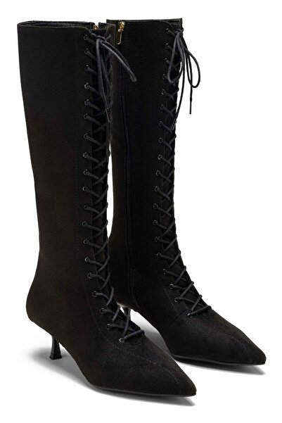 Dedos Women's Black Suede Lace-Up Pointed Toe 5 cm Cat Heel Boots