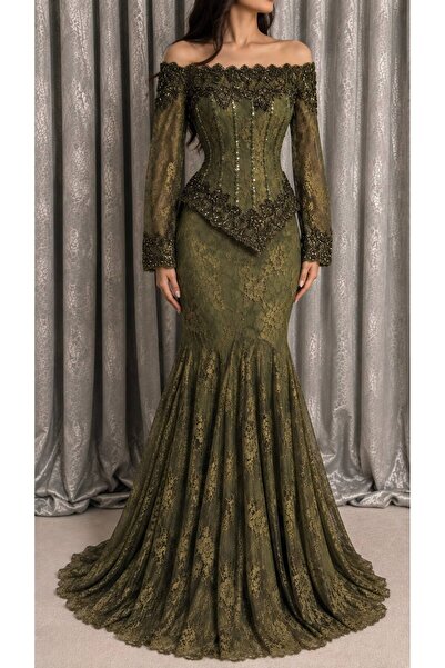 ELORA FASHION ستان سهرة زيتي ملكي بالدانتيل والتطريز الفاخر.