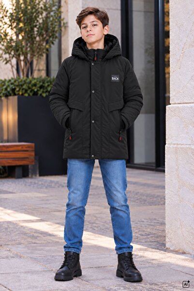 Cansın Mini Black Zipper Pocket, Arma Detail, Fur Inside, Removable Hood, Boy...