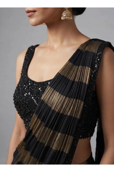 VİNY Black Sequin Embroidered Saree Set with Striped Blouse – Women's Indian Ethnic Wear