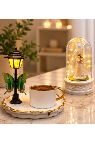 hediye arıları Premium Turkish Coffee Cup and Led Lighted Jar (with Lucky Ang...