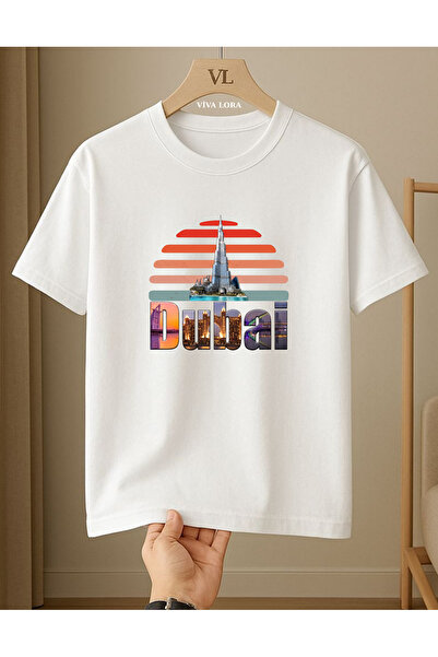 VİVA LORA Dubai Uae Tower Printed 100% Cotton Crewneck Regular Unisex T-Shirt