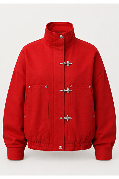 MANMARK Red Japanese Metal Button Detailed Bomber Women's Jacket