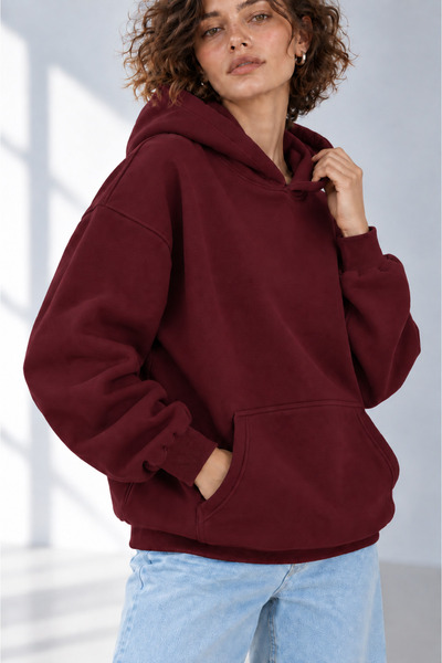 EVIus Hanorac unisex oversize cu glugă, de bază, cu 3 fire, roșu claret