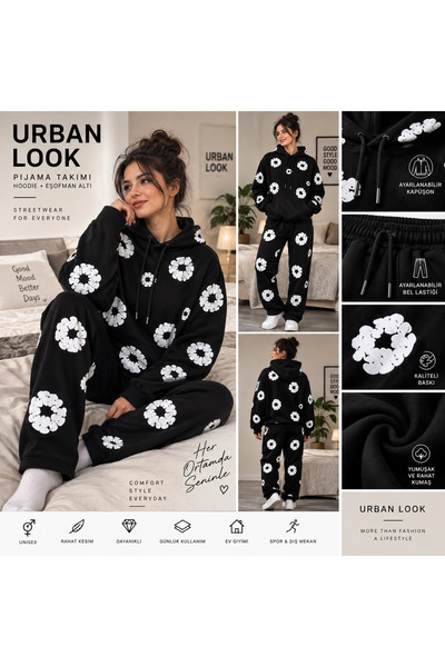 Urban Look Unisex White Floral Printed Oversize Hoodie Tracksuit Set