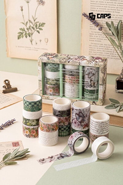 caps Vintage Botanik Temalı 12 Adet Washi Tape Bant Seti