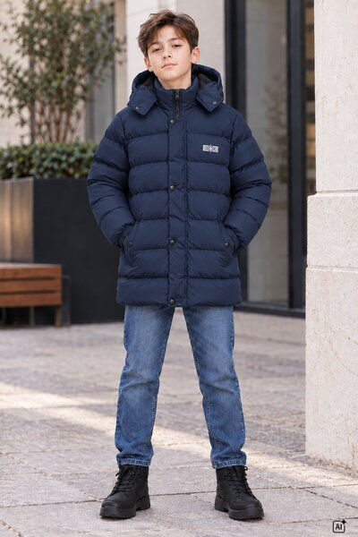 Cansın Mini Navy Blue Boys' Inflatable Coat with Removable Fur Lining and Sna...