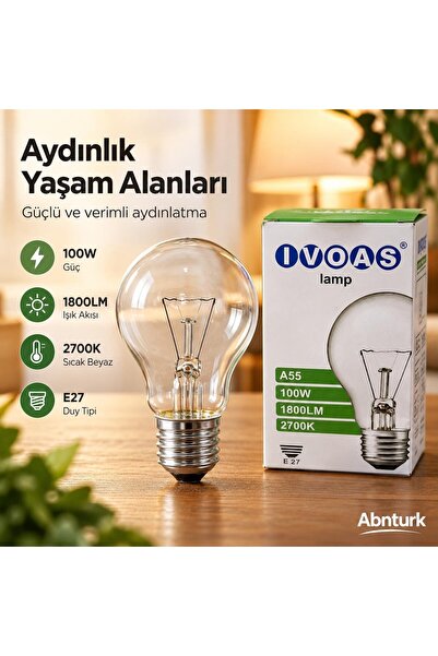 abnturk 100W E27 Duy 1800LM Akkor Işıklı Eski Tip Ampul-Sarı Işık 2700K Ampul