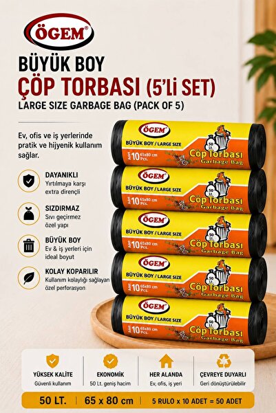 Ögem Büyük Boy Siyah Çöp Torbası 65x80 cm 50 Lt Rulo İçi 10 Adet 5'li Rulo Se...