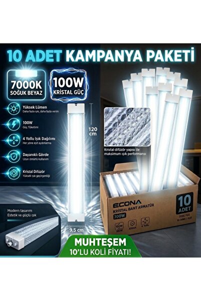 ECONA 10ADET...100W Kristal BEYAZ LED Bant Armatür 120 CM - Yüksek Lümenli Ya...