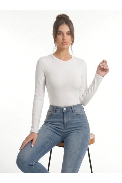 Genel Markalar Kadın Beyaz Bisiklet Yaka Slim Fit Ultra Soft Yumuşak Esnek Li...