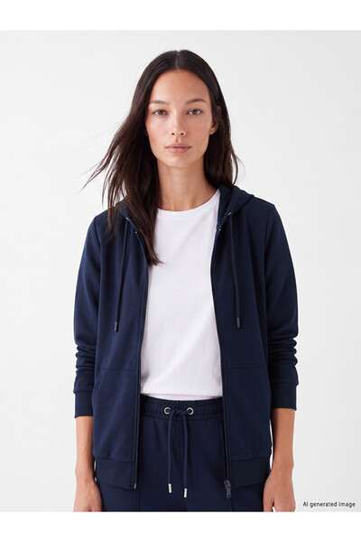 LC Waikiki Vizyon New Season Navy Blue Hooded Women's Zippered Sweatshirt