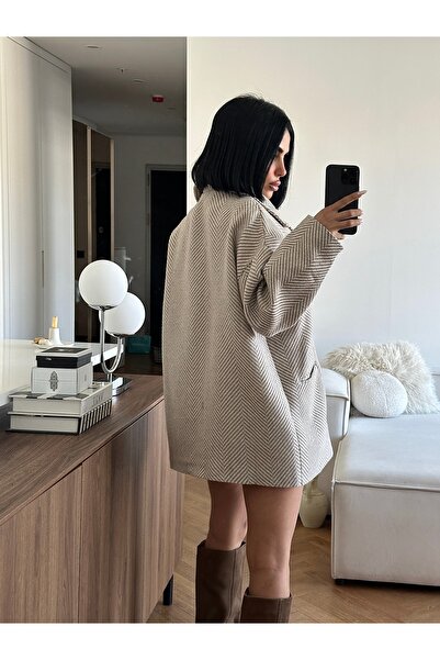 MEECY Kadın Balık Sırtı Astarlı Kruvaze Yaka Kaban