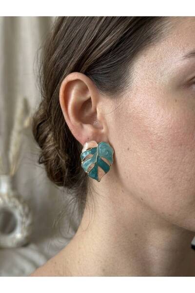 ROYAL SPARK Gold Color Enamel Turquoise and Pink Monstera Leaf Women's Earrings