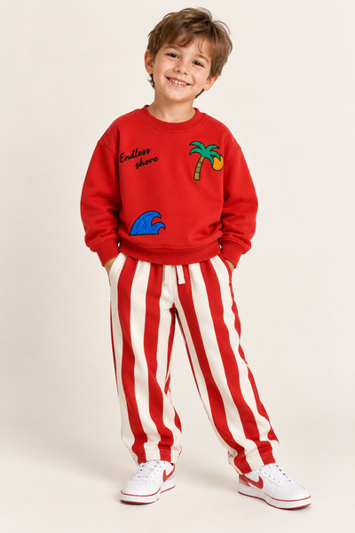 buzy kids concept Set de trening pentru copii, unisex, roșu, cu imprimeu palmier, 100% bumbac, pentru vârstele 2-8 ani