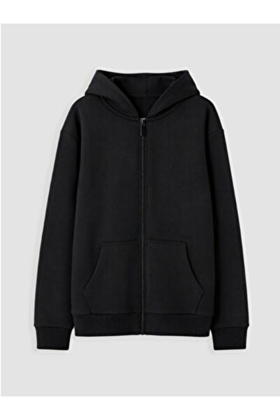 LC Waikiki Black Hooded Thick Girls' Zippered Sweatshirt