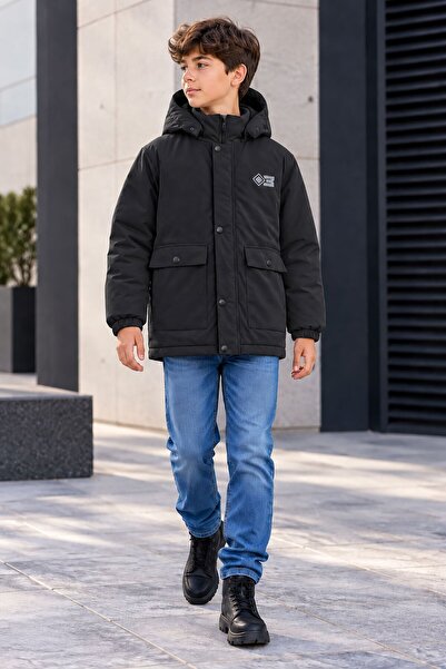 Cansın Mini Black Boy's Inflatable Coat with Flap Pockets, Embroidered Logo, ...