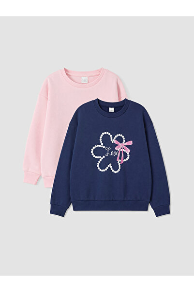 LC Waikiki Peak New Season Navy Blue Floral Printed Girls' Sweatshirt 2-Pack