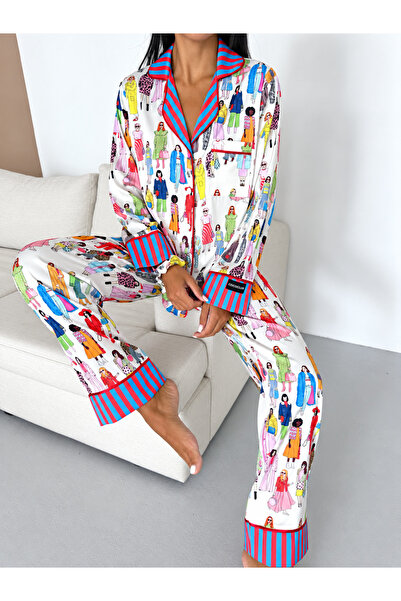 Pijamaya Premium Saten Kumaş Düğmeli Uzun Kollu Pijama Takımı - Bandaj ve Tok...