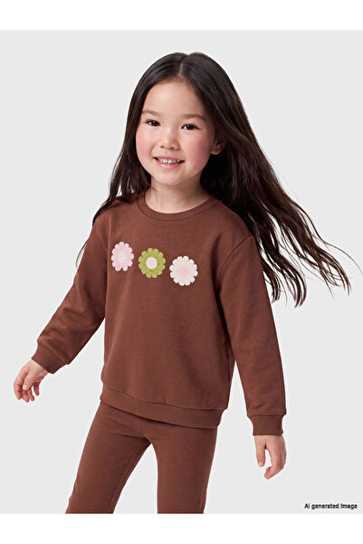 LC Waikiki Özmarka New Season Brown Floral Appliqué Girls' Sweatshirt