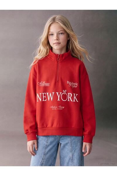 LC Waikiki Texx Store Quality Lcw Kids Red New York Printed Girls' Sweatshirt
