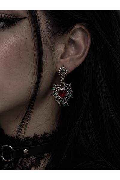 ROYAL SPARK Silver Color Spider Web Red Heart and Green Stone Detailed Women'...